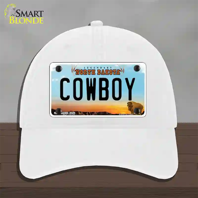 Cowboy North Dakota Novelty License Plate Hat Unconstructed Cotton / White