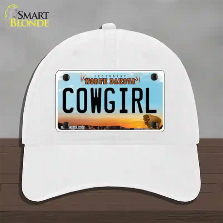 Cowgirl North Dakota Novelty License Plate Hat Unconstructed Cotton / White