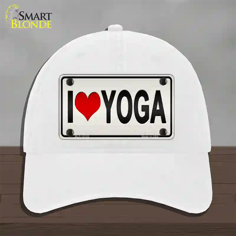 I Love Yoga Silver Novelty License Plate Hat Unconstructed Cotton / White