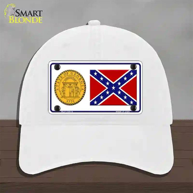 Confederate Flag Georgia Seal Novelty License Plate Hat Unconstructed Cotton / White