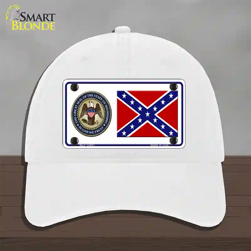 Confederate Flag Mississippi Seal Novelty License Plate Hat Unconstructed Cotton / White