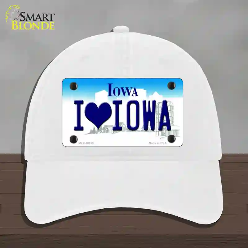 I Love Iowa Novelty License Plate Hat Unconstructed Cotton / White