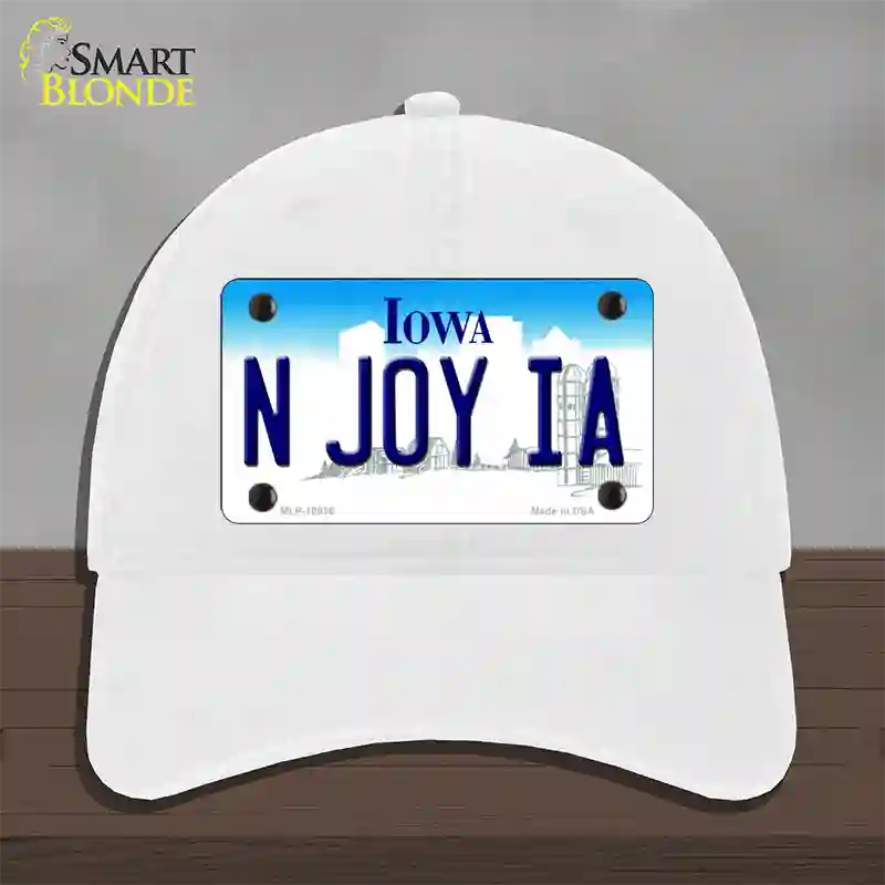 N Joy IA Iowa Novelty License Plate Hat Unconstructed Cotton / White