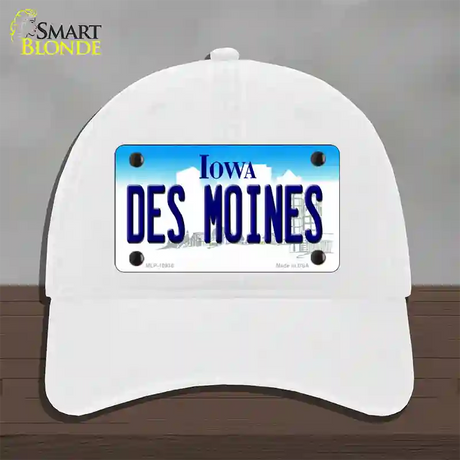 Des Moines Iowa Novelty License Plate Hat Unconstructed Cotton / White