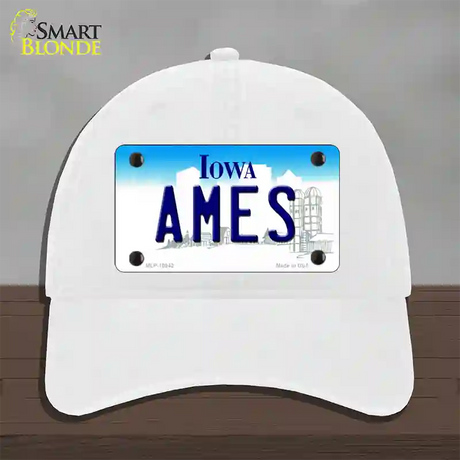 Ames Iowa Novelty License Plate Hat Unconstructed Cotton / White