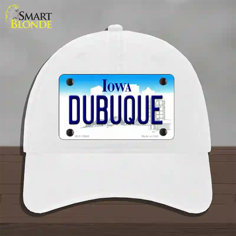 Dubuque Iowa Novelty License Plate Hat Unconstructed Cotton / White