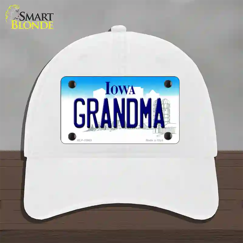 Grandma Iowa Novelty License Plate Hat Unconstructed Cotton / White