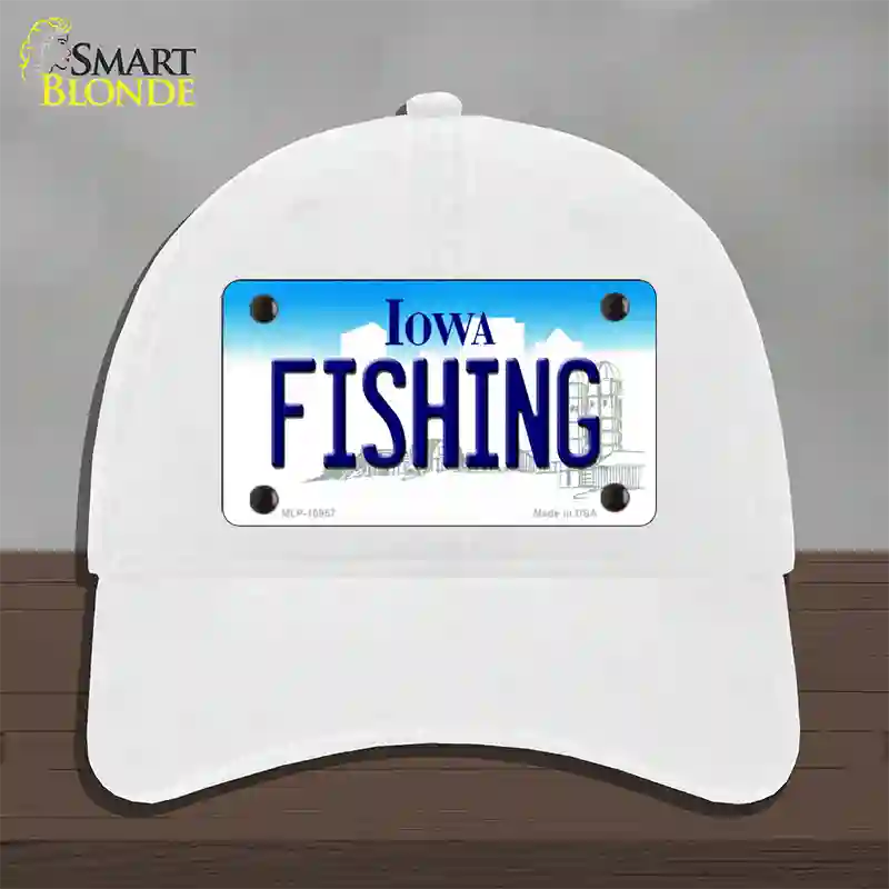 Fishing Iowa Novelty License Plate Hat Unconstructed Cotton / White