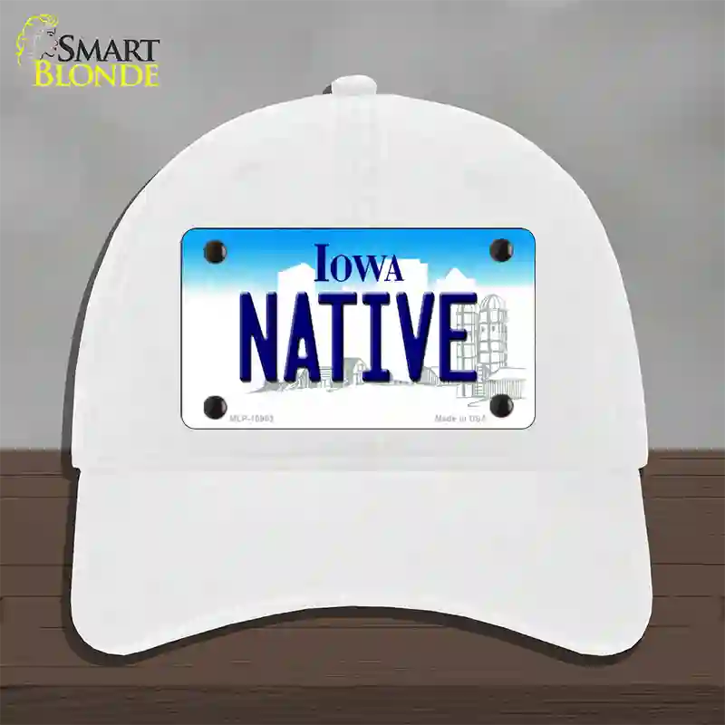 Native Iowa Novelty License Plate Hat Unconstructed Cotton / White