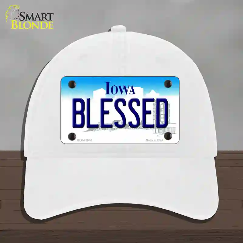 Blessed Iowa Novelty License Plate Hat Unconstructed Cotton / White