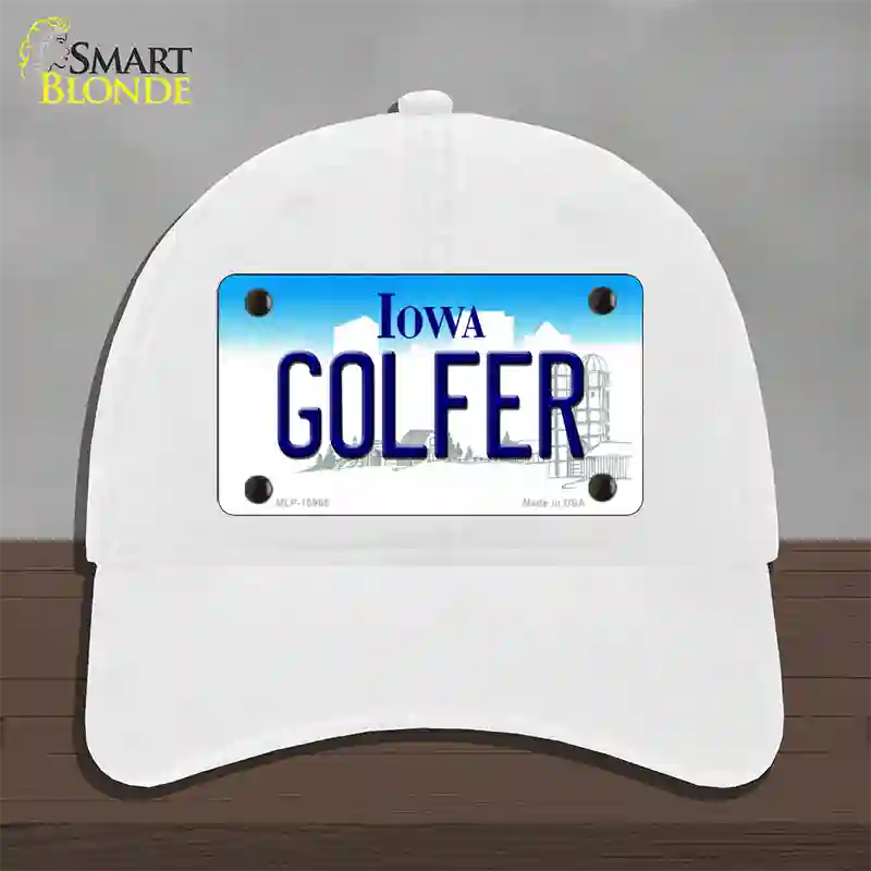 Golfer Iowa Novelty License Plate Hat Unconstructed Cotton / White