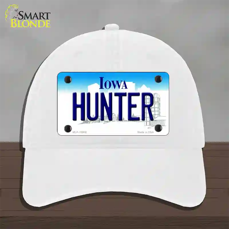 Hunter Iowa Novelty License Plate Hat Unconstructed Cotton / White