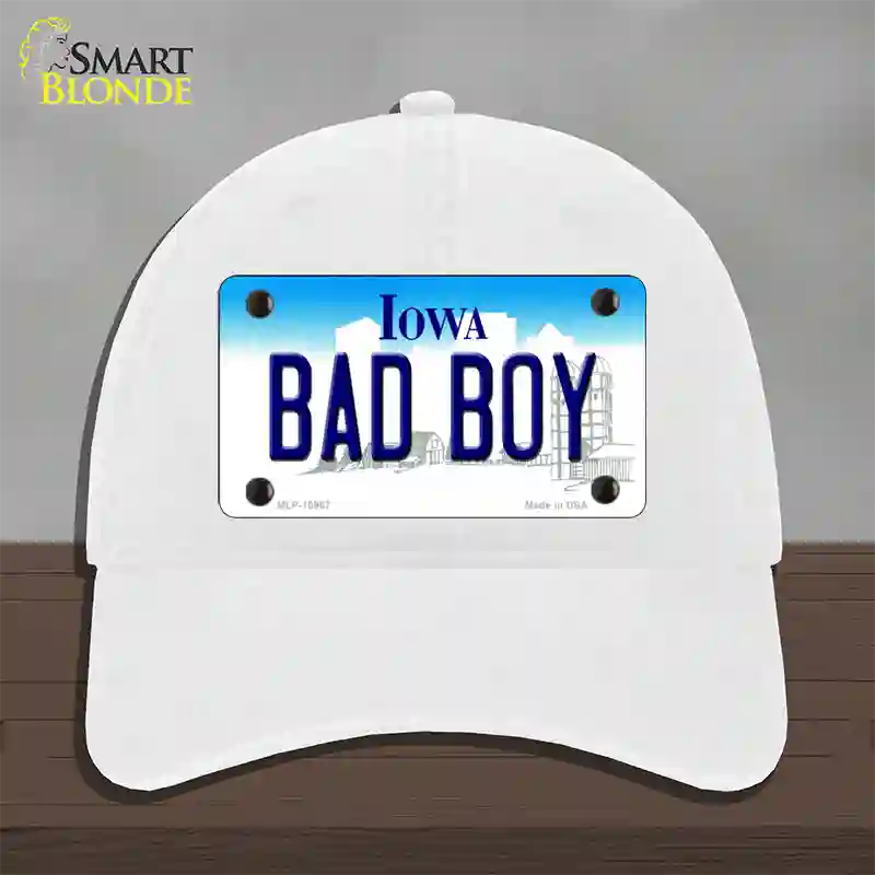 Bad Boy Iowa Novelty License Plate Hat Unconstructed Cotton / White