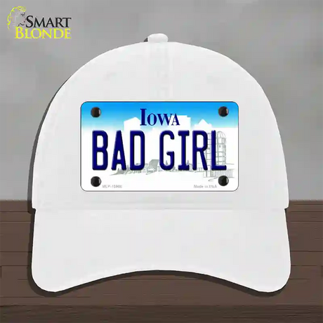 Bad Girl Iowa Novelty License Plate Hat Unconstructed Cotton / White