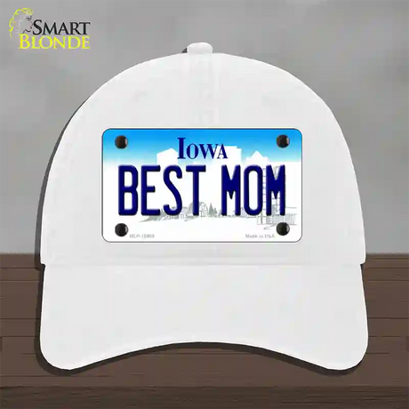 Best Mom Iowa Novelty License Plate Hat Unconstructed Cotton / White