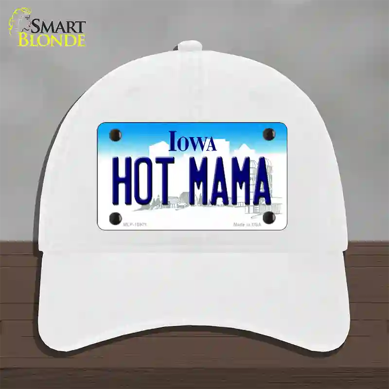 Hot Mama Iowa Novelty License Plate Hat Unconstructed Cotton / White