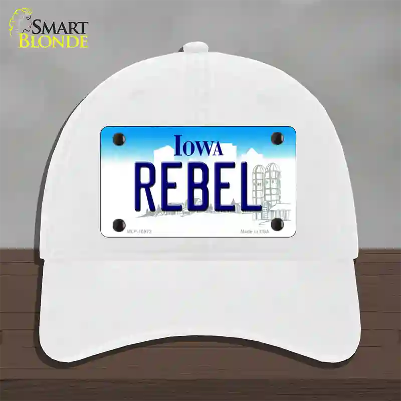 Rebel Iowa Novelty License Plate Hat Unconstructed Cotton / White