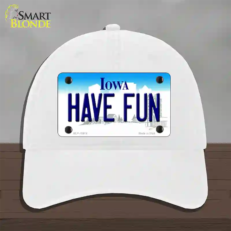 Have Fun Iowa Novelty License Plate Hat Unconstructed Cotton / White