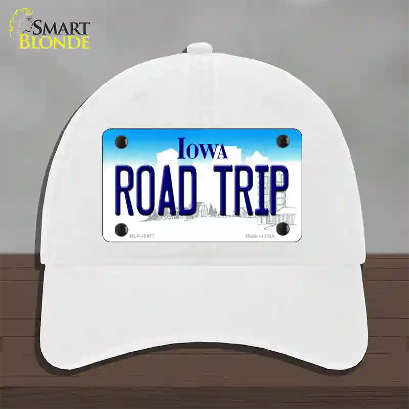 Road Trip Iowa Novelty License Plate Hat Unconstructed Cotton / White