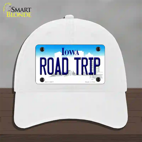 Road Trip Iowa Novelty License Plate Hat Unconstructed Cotton / White