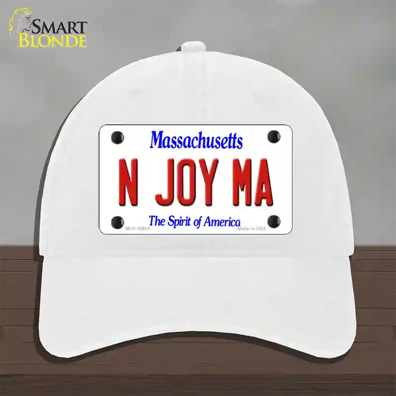 N Joy MA Massachusetts Novelty License Plate Hat Unconstructed Cotton / White