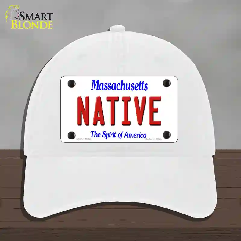 Native Massachusetts Novelty License Plate Hat Unconstructed Cotton / White