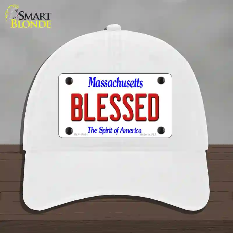 Blessed Massachusetts Novelty License Plate Hat Unconstructed Cotton / White