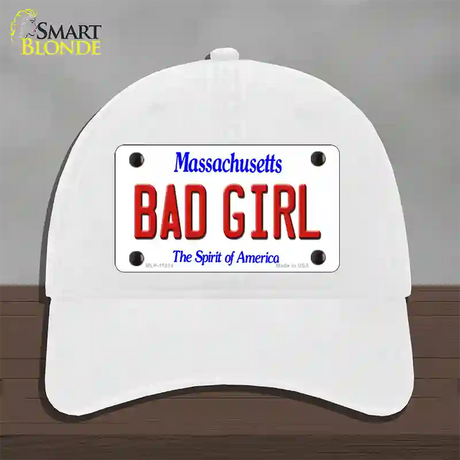 Bad Girl Massachusetts Novelty License Plate Hat Unconstructed Cotton / White