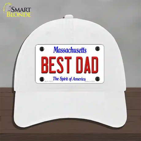 Best Dad Massachusetts Novelty License Plate Hat Unconstructed Cotton / White