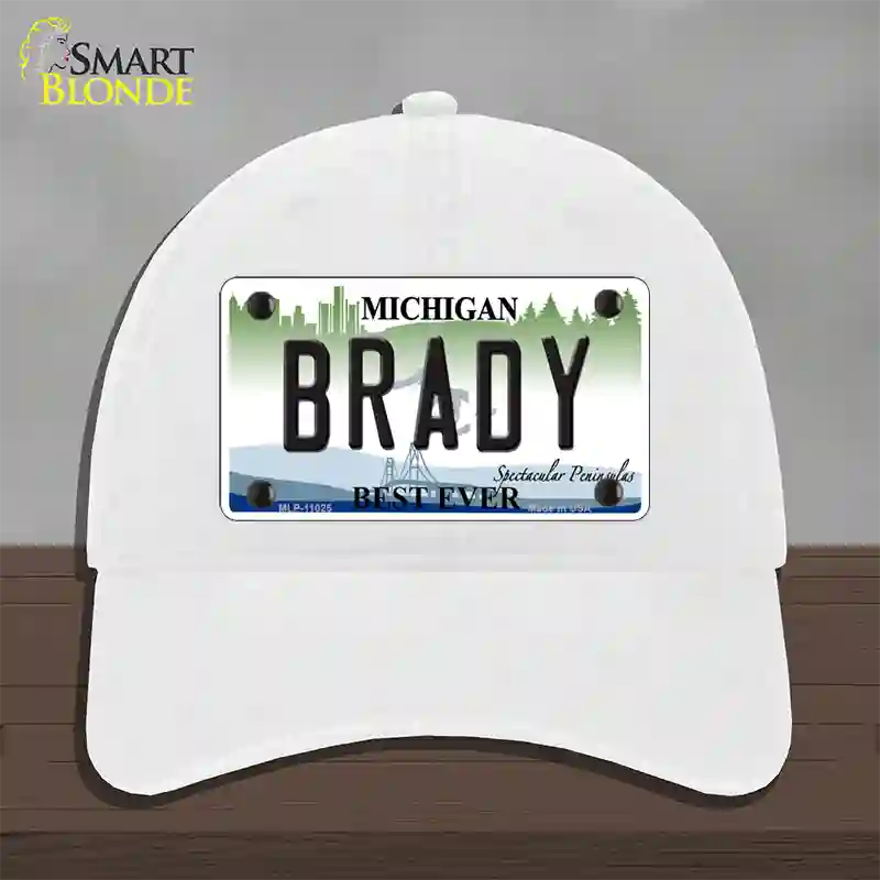 Brady Michigan Novelty License Plate Hat Unconstructed Cotton / White