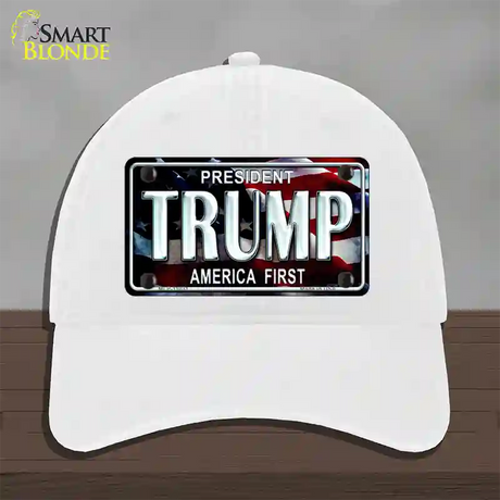 Trump America First Novelty License Plate Hat Unconstructed Cotton / White