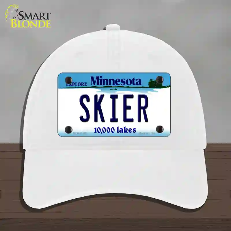 Skier Minnesota State Novelty License Plate Hat Unconstructed Cotton / White