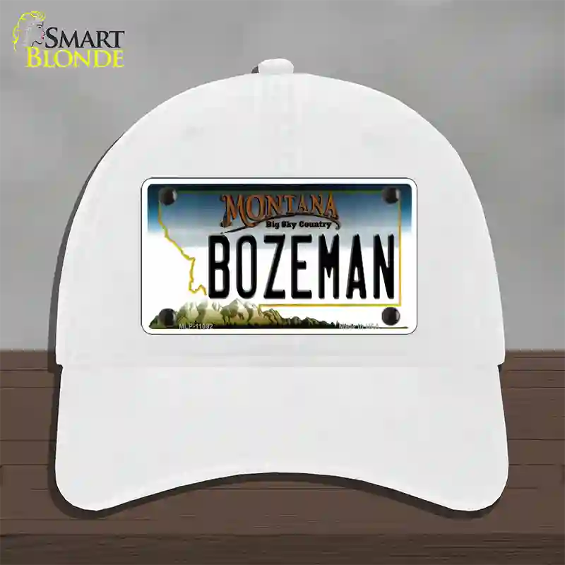 Bozeman Montana State Novelty License Plate Hat Unconstructed Cotton / White