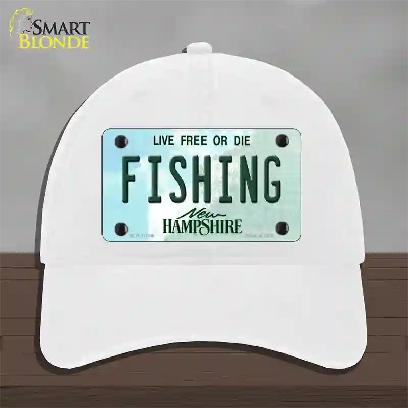 Fishing New Hampshire State Novelty License Plate Hat Unconstructed Cotton / White