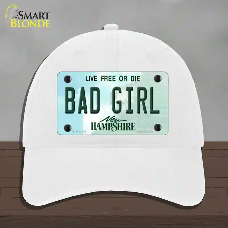 Bad Girl New Hampshire State Novelty License Plate Hat Unconstructed Cotton / White