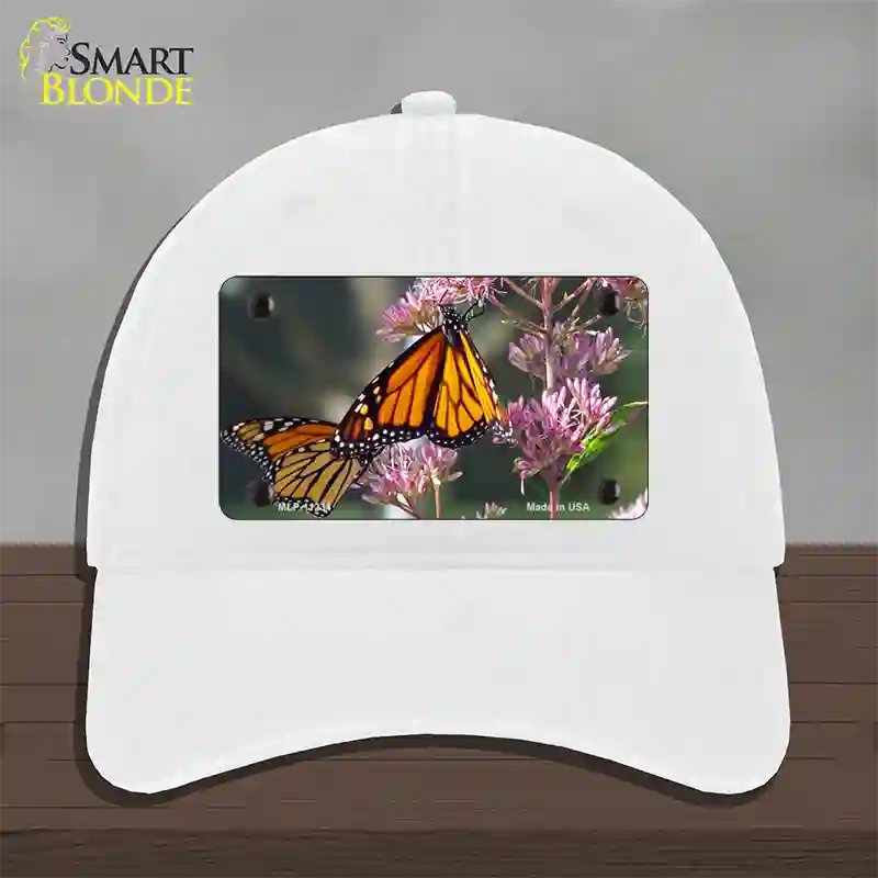 Butterfly Monarch On Flower Novelty License Plate Hat Unconstructed Cotton / White