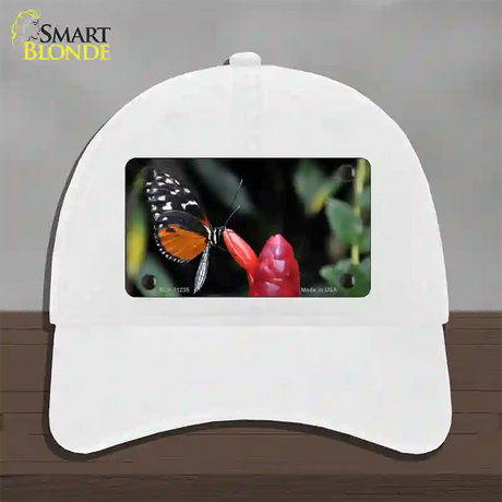 Butterfly On Red Flower Novelty License Plate Hat Unconstructed Cotton / White