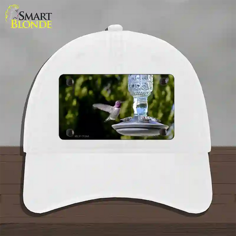 Hummingbird At Feeder Novelty License Plate Hat Unconstructed Cotton / White