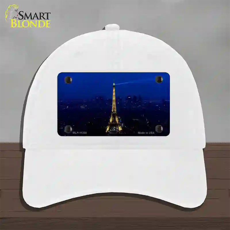 Eiffel Tower Night With City Skyline Novelty License Plate Hat Unconstructed Cotton / White