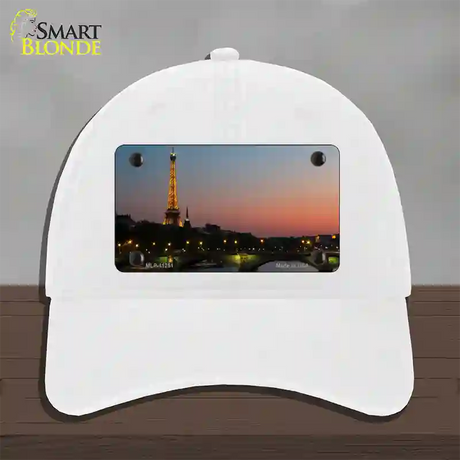 Eiffel Tower Night With River and Bridge Novelty License Plate Hat Unconstructed Cotton / White