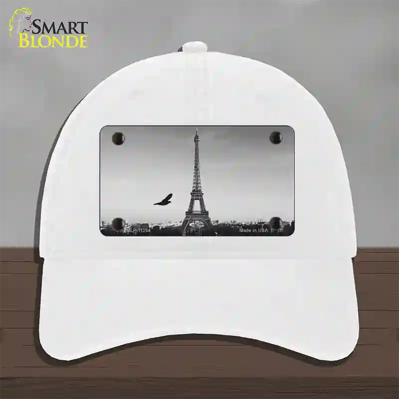 Eiffel Tower Black and White With Bird Novelty License Plate Hat Unconstructed Cotton / White