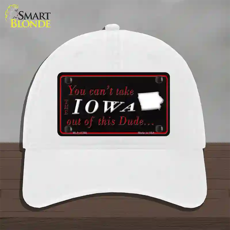 Iowa Dude Novelty License Plate Hat Unconstructed Cotton / White