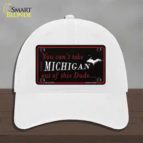 Michigan Dude Novelty License Plate Hat Unconstructed Cotton / White