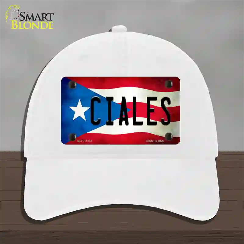 Ciales Puerto Rico Flag Novelty License Plate Hat Unconstructed Cotton / White