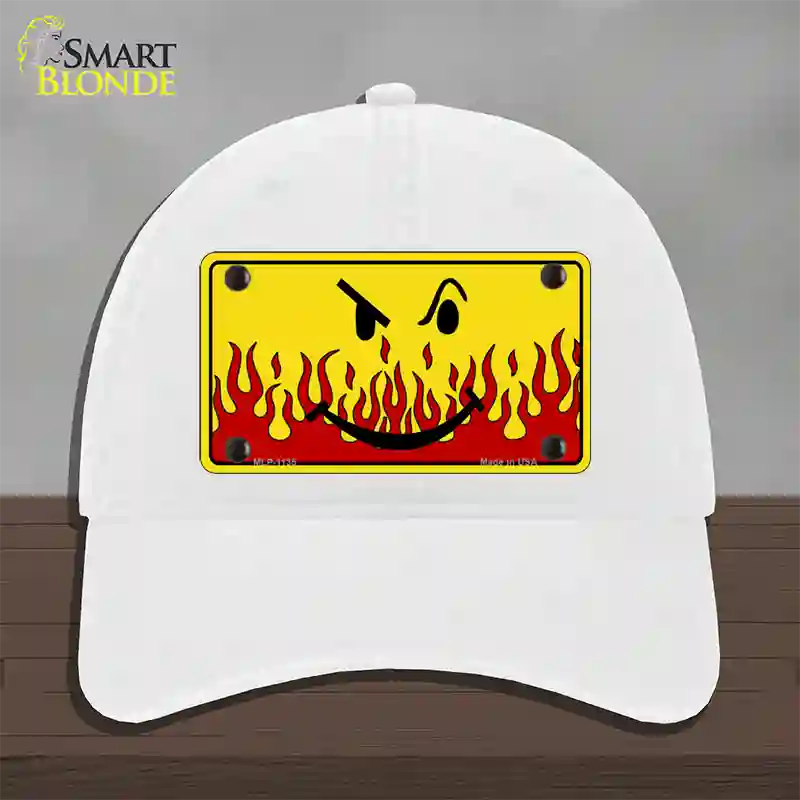 Smiley Flame Novelty License Plate Hat Unconstructed Cotton / White