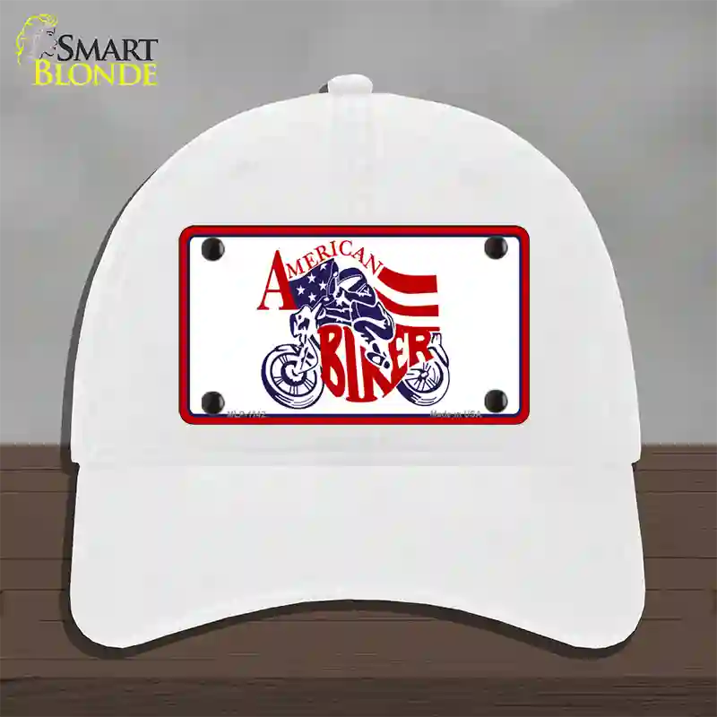 American Patriotic Biker Novelty License Plate Hat Unconstructed Cotton / White