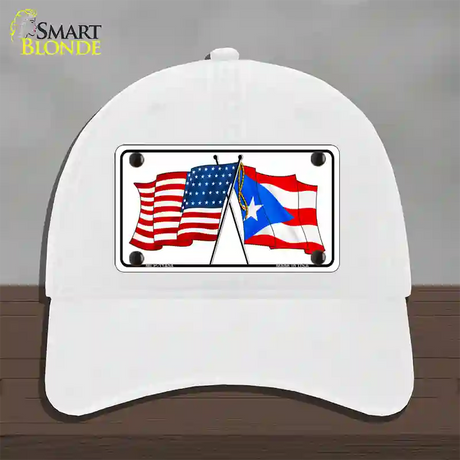 Puerto Rico Crossed US Flag Novelty License Plate Hat Unconstructed Cotton / White