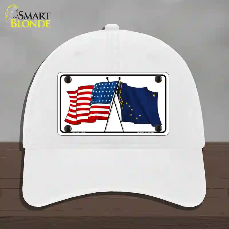 Alaska Crossed US Flag Novelty License Plate Hat Unconstructed Cotton / White