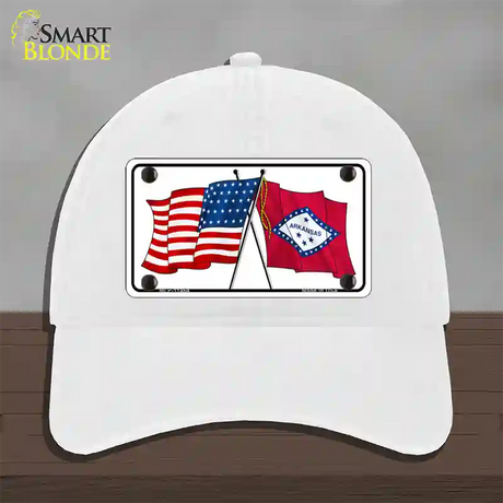 Arkansas Crossed US Flag Novelty License Plate Hat Unconstructed Cotton / White