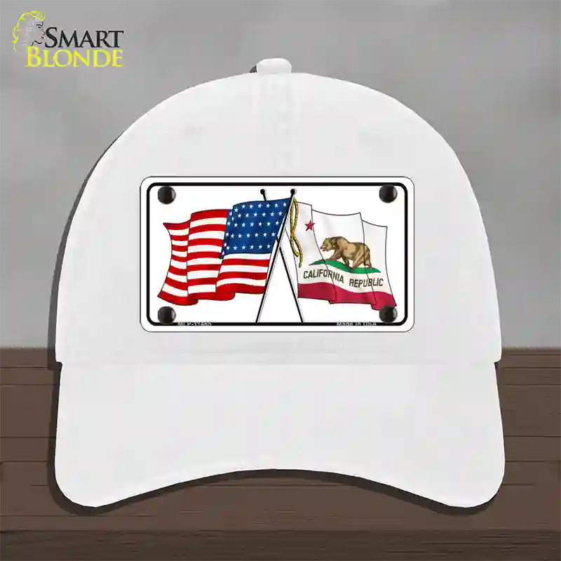 California Crossed US Flag Novelty License Plate Hat Unconstructed Cotton / White